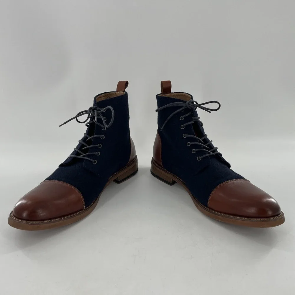 La Milano Mens Lace Up Boots Stance Cognac‎ Navy Leather Fabric Cap Toe Size 14